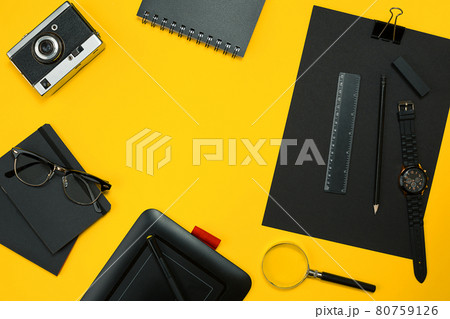 Workplace with office items and business elements on a desk. Con Workplace with office items and business elements on a desk. Con 80759126