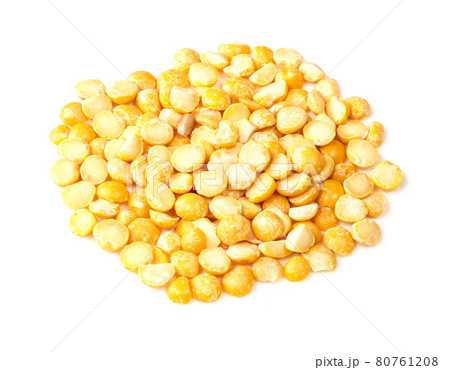 pile of dried split yellow peas closeup on white pile of dried split yellow peas closeup on white 80761208