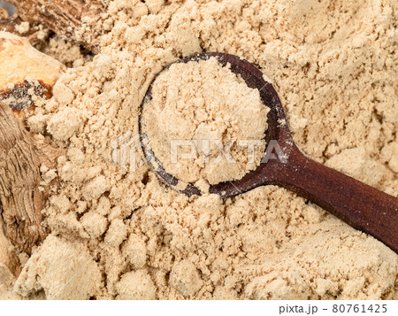 spoon on dried ginger roots and powder closeup spoon on dried ginger roots and powder closeup 80761425