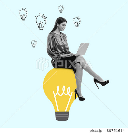 Young girl, accountant, finance analyst or clerk in office suit using laptop isolated on light background. Young girl, accountant, finance analyst or clerk in office suit using laptop isolated on light background. 80761614