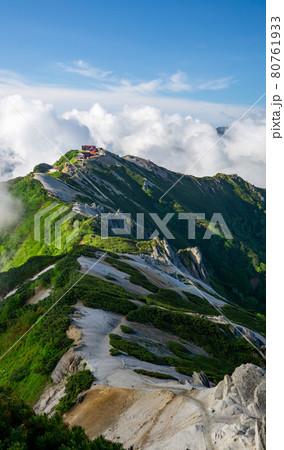 燕岳からの風景　山脈と燕山荘 80761933
