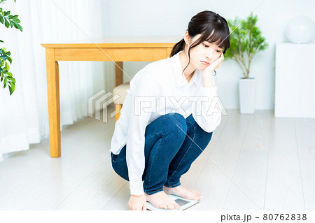 体重計に乗ってショックを受ける若い女性 体重計に乗ってショックを受ける若い女性 80762838