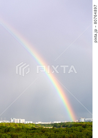 rainbow over green forest and apartment houses rainbow over green forest and apartment houses 80764897