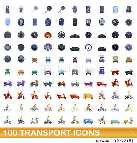100 transport icons set, cartoon style 100 transport icons set, cartoon style 80765383