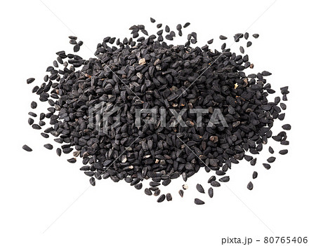 handful of Nigella sativa seeds closeup on white handful of Nigella sativa seeds closeup on white 80765406