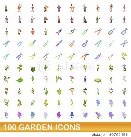 100 garden icons set, cartoon style 100 garden icons set, cartoon style 80765498