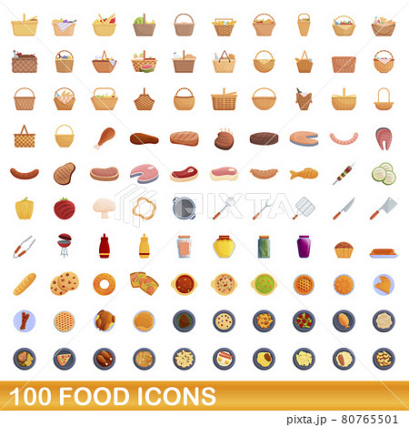 100 food icons set, cartoon style 100 food icons set, cartoon style 80765501