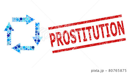 Grunge Prostitution Stamp Print and Circulation Arrows Collage of Circles 80765875