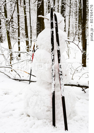 handcrafted snowman with skis in snow-covered park handcrafted snowman with skis in snow-covered park 80766476