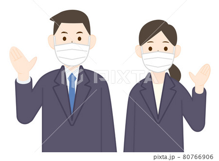 営業や会社案内に使えるマスクをしたスーツ姿の男女イラストのイラスト素材