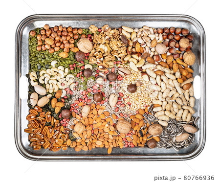 steel tray with various shelled nuts and seeds steel tray with various shelled nuts and seeds 80766936