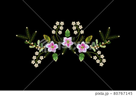 Black background with an embroidered bouquet of white flowers, pine branches, twigs with berries and leaves, white and pink carnations in the center Black background with an embroidered bouquet of white flowers, pine branches, twigs with berries and leaves, white and pink carnations in the center 80767145