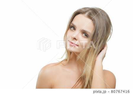 Portrait of young attractive woman with closed eyes over white background. Portrait of young attractive woman with closed eyes over white background. 80767416
