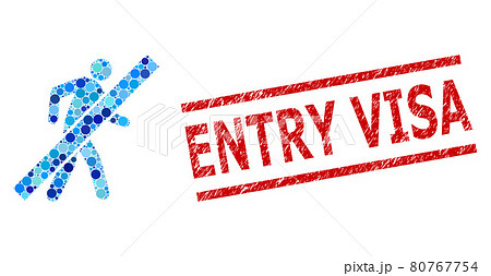 Scratched Entry Visa Seal and Stop Walking Man Mosaic of Circles 80767754