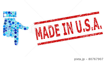 Grunge Made in U.S.A. Stamp Print and Hand Pointer Down Collage of Round Dots Grunge Made in U.S.A. Stamp Print and Hand Pointer Down Collage of Round Dots 80767907