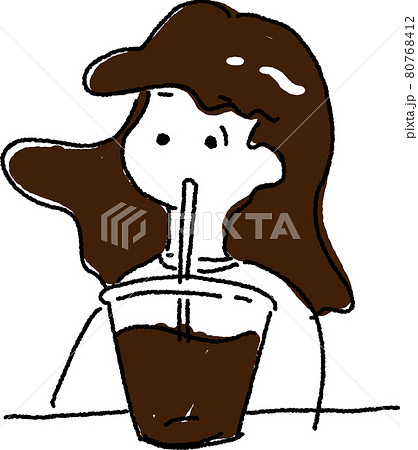 アイスコーヒーを飲む手書き風女の子のイラスト素材