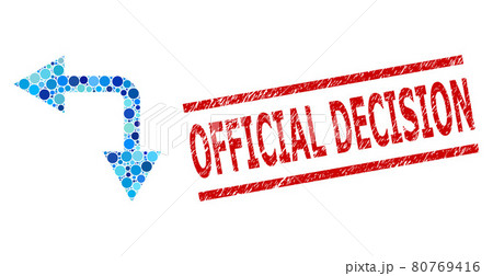 Scratched Official Decision Seal and Bifurcation Arrow Left Down Collage of Round Dots 80769416
