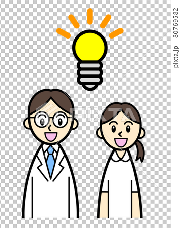 A glowing light bulb and a young doctor and nurse with an inspirational face 80769582