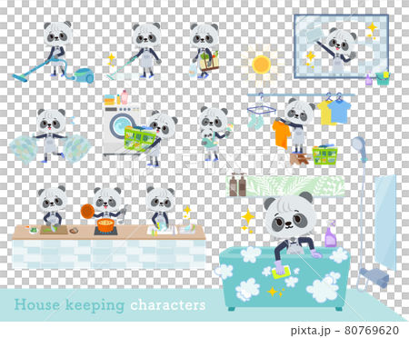 一組做清潔、洗衣等家務活的熊貓女孩 80769620