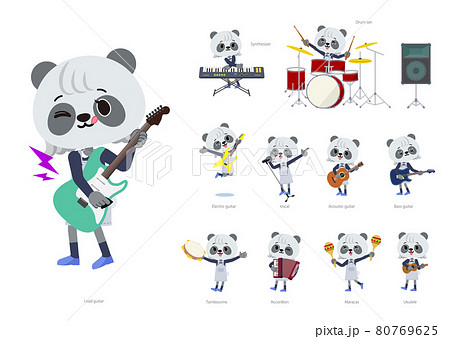 ロックンロールやポップミュージックを演奏するパンダの女の子のセットのイラスト素材