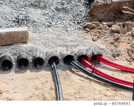 High voltage cables laid in the ground. Laying the electrical cable 80769691