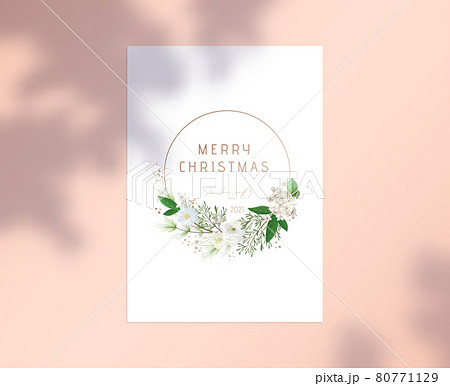 Merry Christmas Card with Typography in Round Frame with White Flower Wreath, Botanical Design with Blossoms and Plants Merry Christmas Card with Typography in Round Frame with White Flower Wreath, Botanical Design with Blossoms and Plants 80771129