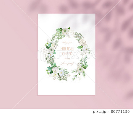 Merry Christmas Card with Wishing Holiday Cheer Typography in White Flower Wreath Frame, Design with Blossoms and Plants 80771130