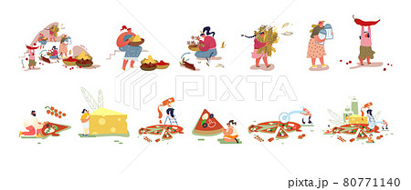 Set of Male and Female Characters Sell, Buy and Use Spices for Cooking. People Cook, Slicing or Eating Pizza. Spicy Food 80771140