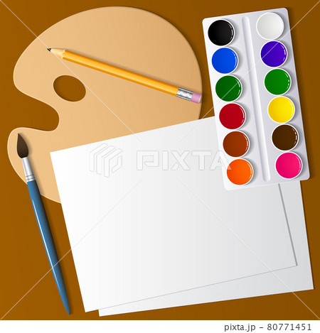 Drawing and creativity. Artistic appliances on the desktop. Watercolor paint, brushes and paper. View from above . Background image. Vector illustration. 80771451