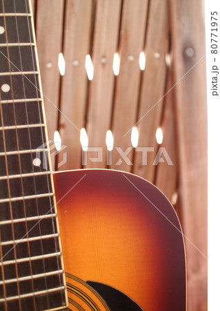 おしゃれな木に立てかけたアコースティックギターの写真素材