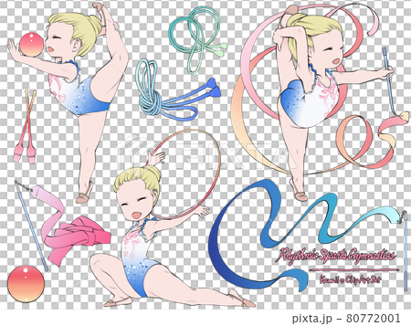 Caucasian female rhythmic gymnast / clip art set acting with a big smile 80772001