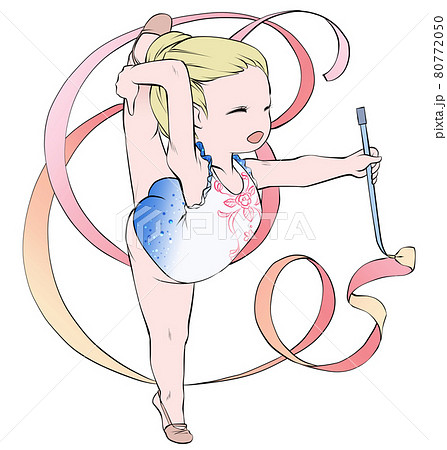 満面の笑顔でリボンの演技をする白人系の女子新体操選手のイラスト素材