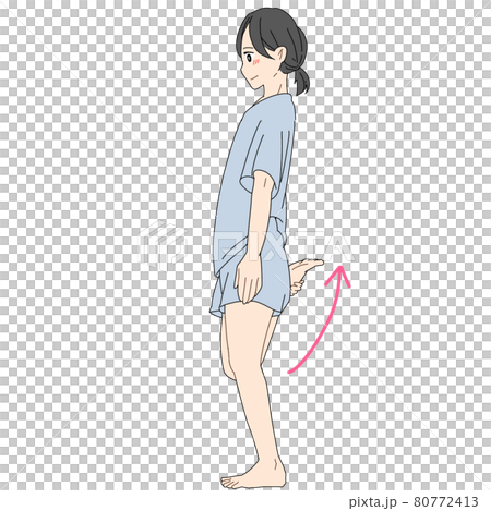 A woman stretching her right front thigh (sideways) A woman stretching her right front thigh (sideways) 80772413