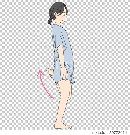 Woman stretching the left front thigh (sideways) Woman stretching the left front thigh (sideways) 80772414