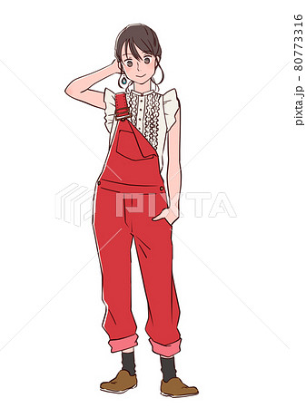 赤いオーバーオールとフリルシャツを着て立っている女性のイラスト素材