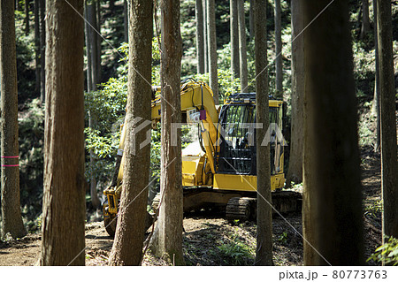 林道で作業するショベルカー 80773763