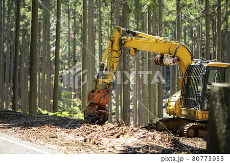 林道で作業するショベルカー 80773933