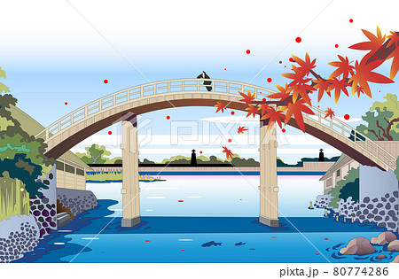 紅葉の秋と浮世絵の橋の風景イラストのイラスト素材