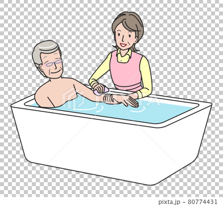 シニア男性の入浴介助をする中高年の女性 80774431