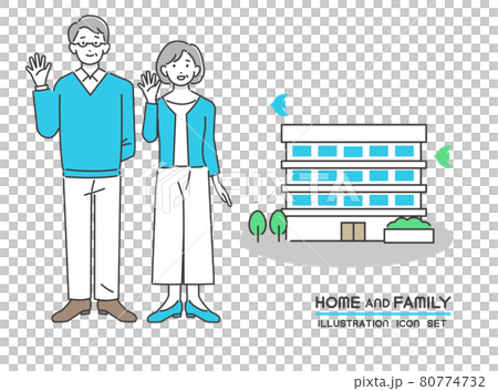 微笑的老年人和公寓和共管公寓/家庭/家庭/家庭的矢量插圖 微笑的老年人和公寓和共管公寓/家庭/家庭/家庭的矢量插圖 80774732