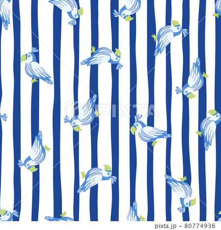 Random blue parrot elements seamless bird pattern. White and blue striped background. Nature backdrop. 80774936