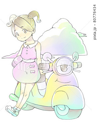 スクーターに寄りかかるツインテールの女の子のイラスト素材