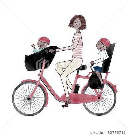 電動アシスト自転車 三人乗り お母さんと子供二人のイラスト素材