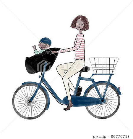 電動アシスト自転車 二人乗り お母さんと子供のイラスト素材
