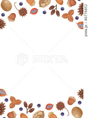 手描き色鉛筆 ナチュラルかわいい 秋の木の実のフレームテンプレート 青い実 白背景 のイラスト素材