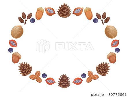 手描き色鉛筆 ナチュラルかわいい 秋の木の実と青い実のリースラインのイラスト素材 手描き色鉛筆 ナチュラルかわいい 秋の木の実と青い実のリースラインのイラスト素材