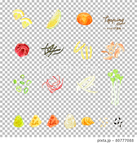 水彩画材で描いた主に和食で使われるトッピング・薬味具材のイラスト 水彩画材で描いた主に和食で使われるトッピング・薬味具材のイラスト 80777088