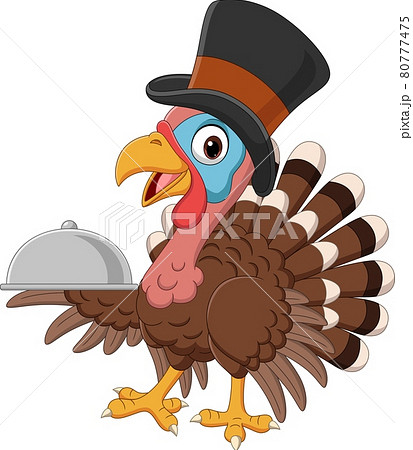 Cartoon Turkey Bird In Pilgrim Hat Holding A Trayのイラスト素材