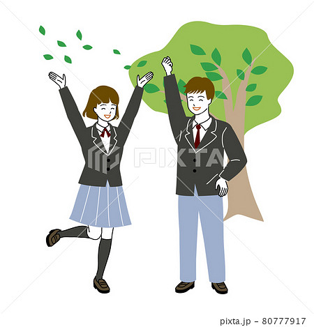 木の下で喜ぶ学生の男女二人のベクターイラスト 80777917