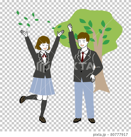木の下で喜ぶ学生の男女二人のベクターイラスト 80777917